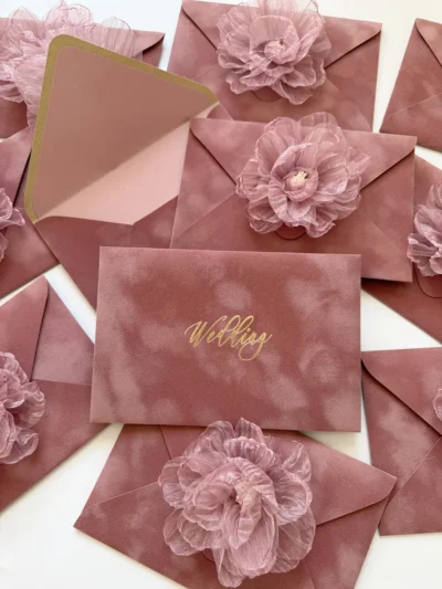 Конверт оксамитовий рожева карамель, з квіткою та тисненням wedding, для А6.